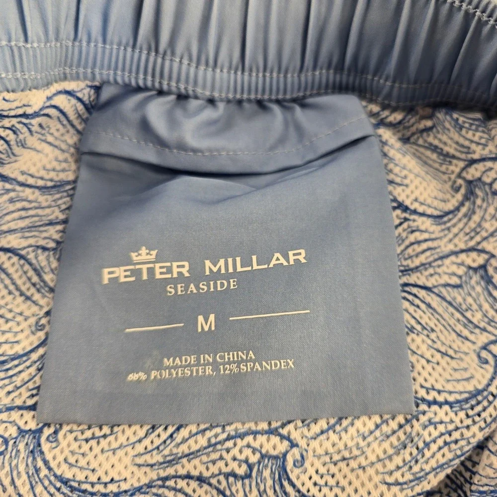 Peter Millar Seaside Mens Blue Coastal Village Scenic Print Swim Trunks Size M